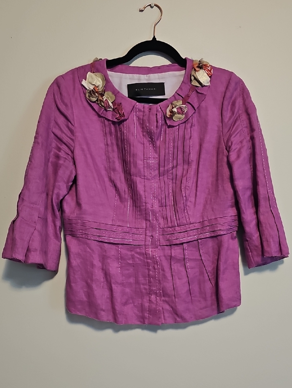 Elie Tahari Fuchsia Floral-Trim Collar Jacket Linen & Silk -See Measurements!